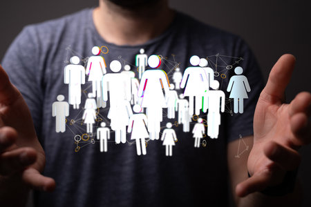 A 3D rendering of an Abstract technology group and social network connection on a blurry backgroundの写真素材