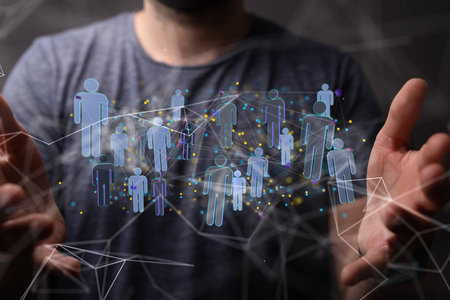 A 3D rendering of digital human icons with hand pointing at it from the background- digital business...
