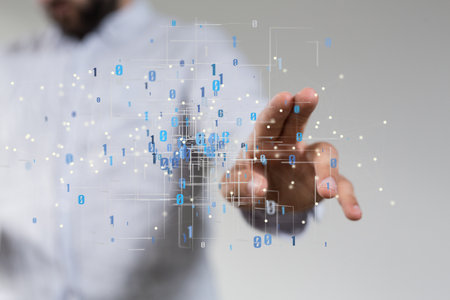 A male hand clicking at the abstract lines with dots and numbersの写真素材