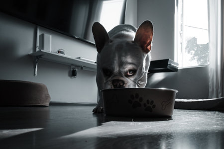 A cute white bulldog eating in a living roomの写真素材