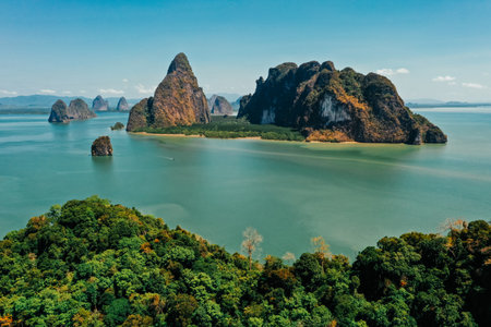 A beautiful view of nature with a calm, blue sea and islands in Thailandの写真素材