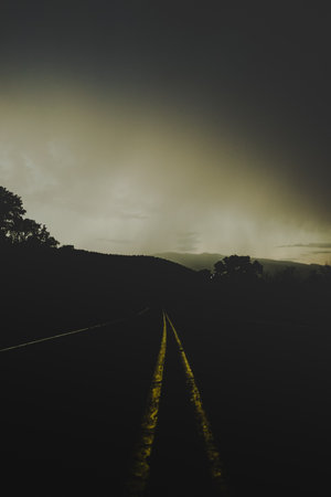 A vertical shot of an empty road with yellow indicator lines under a dusk sky
