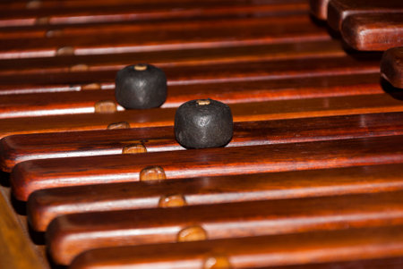 Close-up shot of a marimba or Hormigo keyboard. Guatemala. National instrument of Guatemala made...