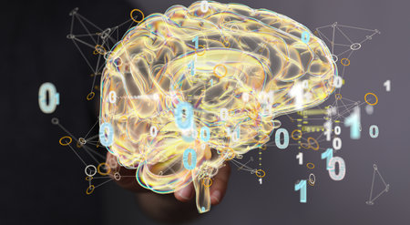 A 3D rendering of a man pointing at a human brain - Artificial intelligence conceptの写真素材