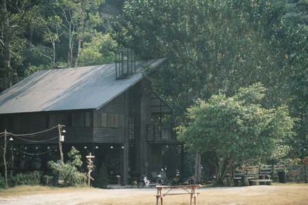 A beautiful shot of a wooden house in natureの写真素材