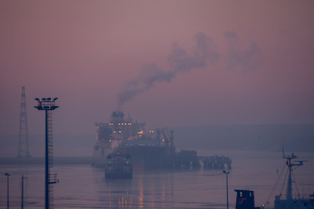 A winter view ships on the port at sunset in Klaipeda, Lithuania