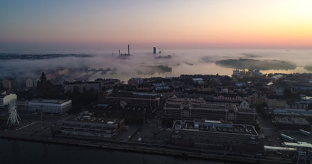 Aerial view of Helsinki Katajanokka cityscape, colorful, foggy, sunrise, in Helsingfors city, Finlandの写真素材