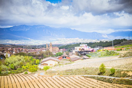 A scenic view of the town of Elciego located in the province of Alava, Spainの写真素材