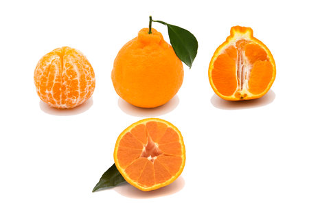 A closeup of fresh ripe cut oranges isolated on a white backgroundの写真素材