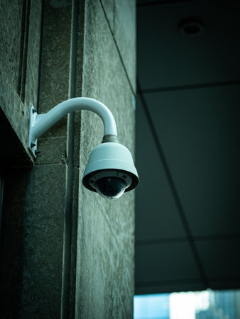 A surveillance camera on a building in downtown Calgary, Alberta.の写真素材