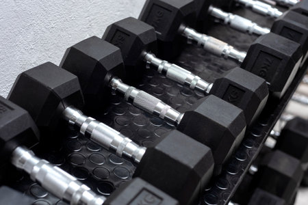 A grayscale of dumbbells put in a row