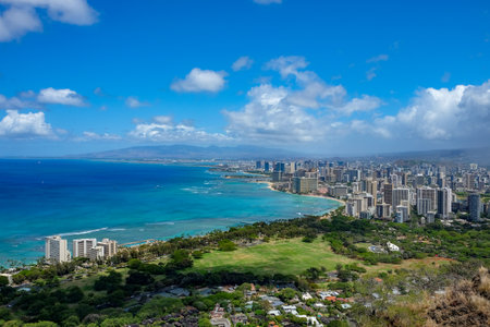 A beautiful view of the sea and the city in Waikiki, Honolulu, USA