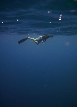 A vertical view of a freediver swimming in the clean waters of the Red sea, Egyptの写真素材
