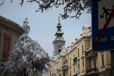 Saborna church clock tower on a winter day
