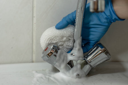 Young woman cleaning the bathroom with a white sponge and wearing blue protective glovesの写真素材
