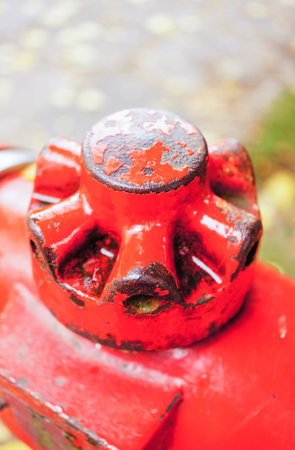 A vertical shot of a red metal handle on a water pump