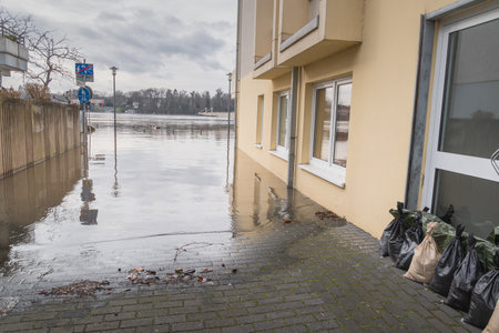 Flooding on the Rhine river near Bonn, Germany. Residents taking precautions such as putting...