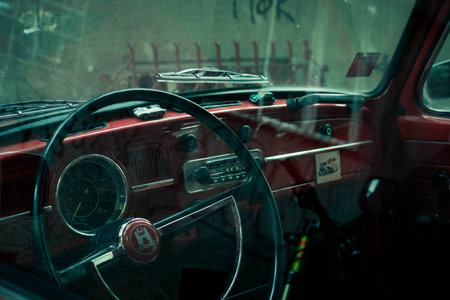 Interior of a vintage car with a blue tintの写真素材