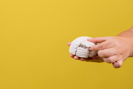 A hand putting a piece of a damaged brain back