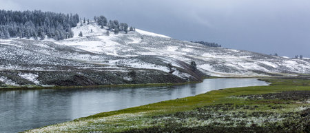 A scenic view of the Hayden Valley from the Grizzly Overlook in Yellowstone National Park, Wyomingの写真素材