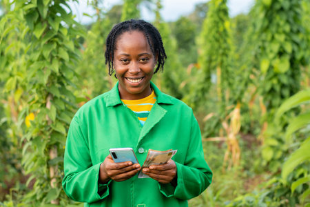 A successful African farmer calculating her income on the phone calculatorの写真素材