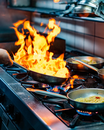A vertical shot of a cook cooking with fire in a frying panの写真素材