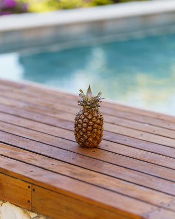 A vertical shot of a pineapple on a wooden bench near a poolの写真素材
