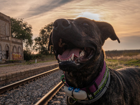 Close up photo of a happy dog near railway station. Sunset background with cloudy sky.の写真素材