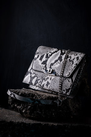 A closeup shot of a snake pattern handbagの写真素材