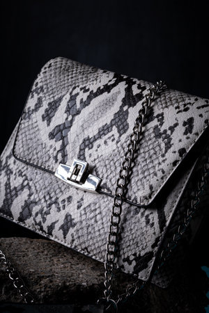 A closeup shot of a snake pattern handbagの写真素材