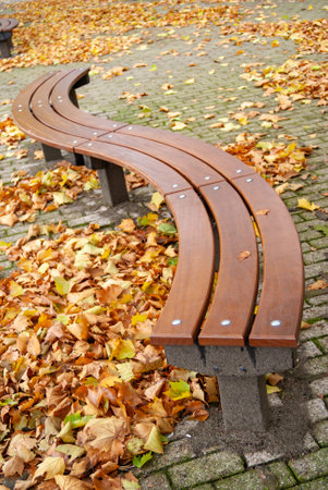A vertical shot of a modern curve bench with autumn leaves on the pavementの写真素材