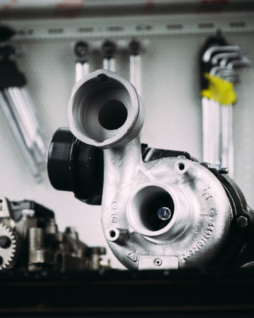 A closeup shot of a new clean car turbine in a garageの写真素材