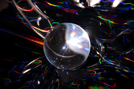 A futuristic black holographic fabric and a glass sphere background for wallpapersの写真素材