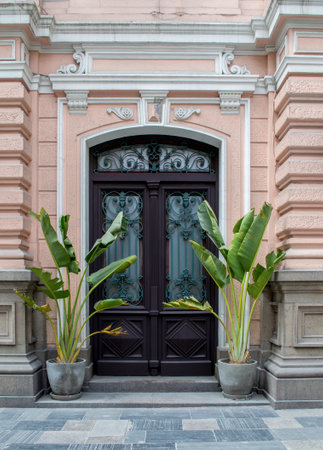 Old vintage colonial style facade in downtown Lima.の写真素材