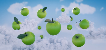 Juicy green apples in the background of white cloudsの写真素材