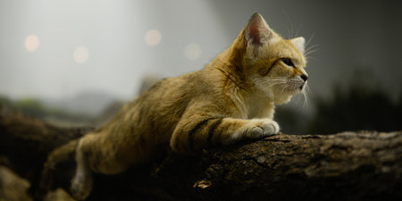 A closeup of an adorable sand cat on a tree under the sunlight with a blurry background