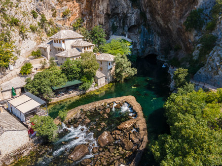 An aerial view of beautiful Vrelo Bune natural and architectural ensemble at Buna river in Bosnia...