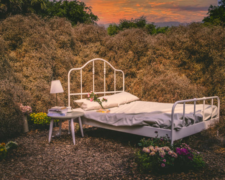 A classical bed in a gardenの写真素材