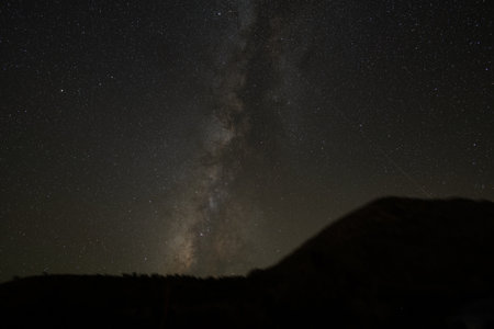 A silhouette of a mountain and a milky way in a night starry sky