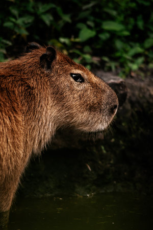 A vertical shot of a capybara outdoors in natureの写真素材