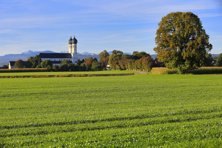 View of a church with mountains in the backgroundの写真素材