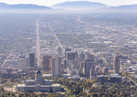 An aerial view of Utah Capitol building during day time in Salt Lake City, USA
