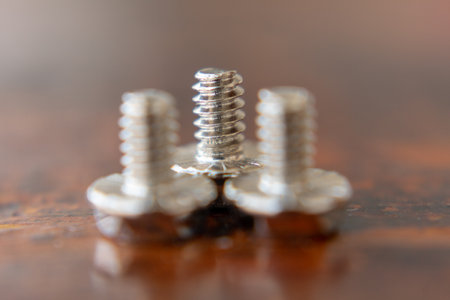 Close-up shot of Isolated metallic screws	on wooden backgroundの写真素材