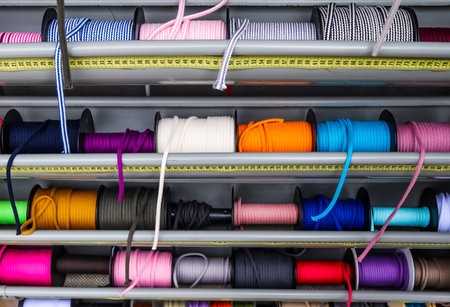 A bunch of different colored spools of yarn at a stall at a fabric marketの写真素材