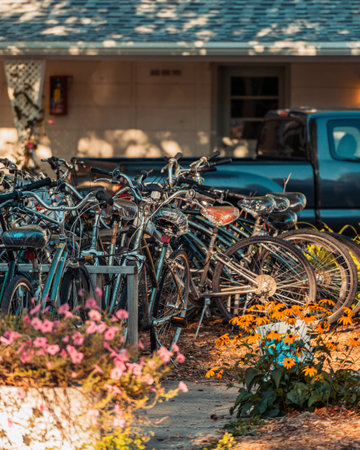 A vertical shot of the stacks of bikes in front of the motel. Wisconsin.の写真素材