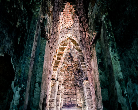 An ancient interior of a Buddhist templeの写真素材
