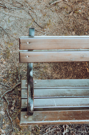 A high angle view of a part of wooden benchの写真素材