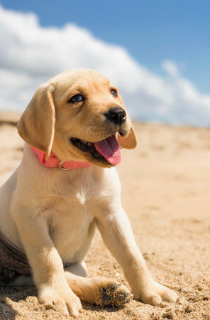 A vertical shot of an adorable labrador retriever puppy sitting on the sandy beach, outdoorsの写真素材