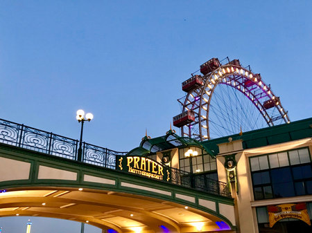 entrance at the vienna prater, in the background the ferris wheelの写真素材