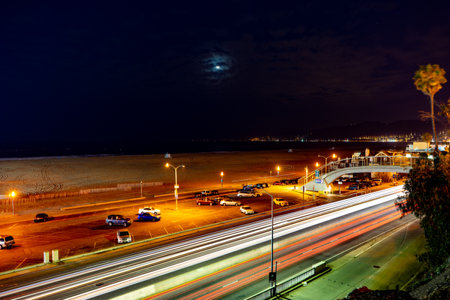 A beautiful view of a street at night in Santa Monica